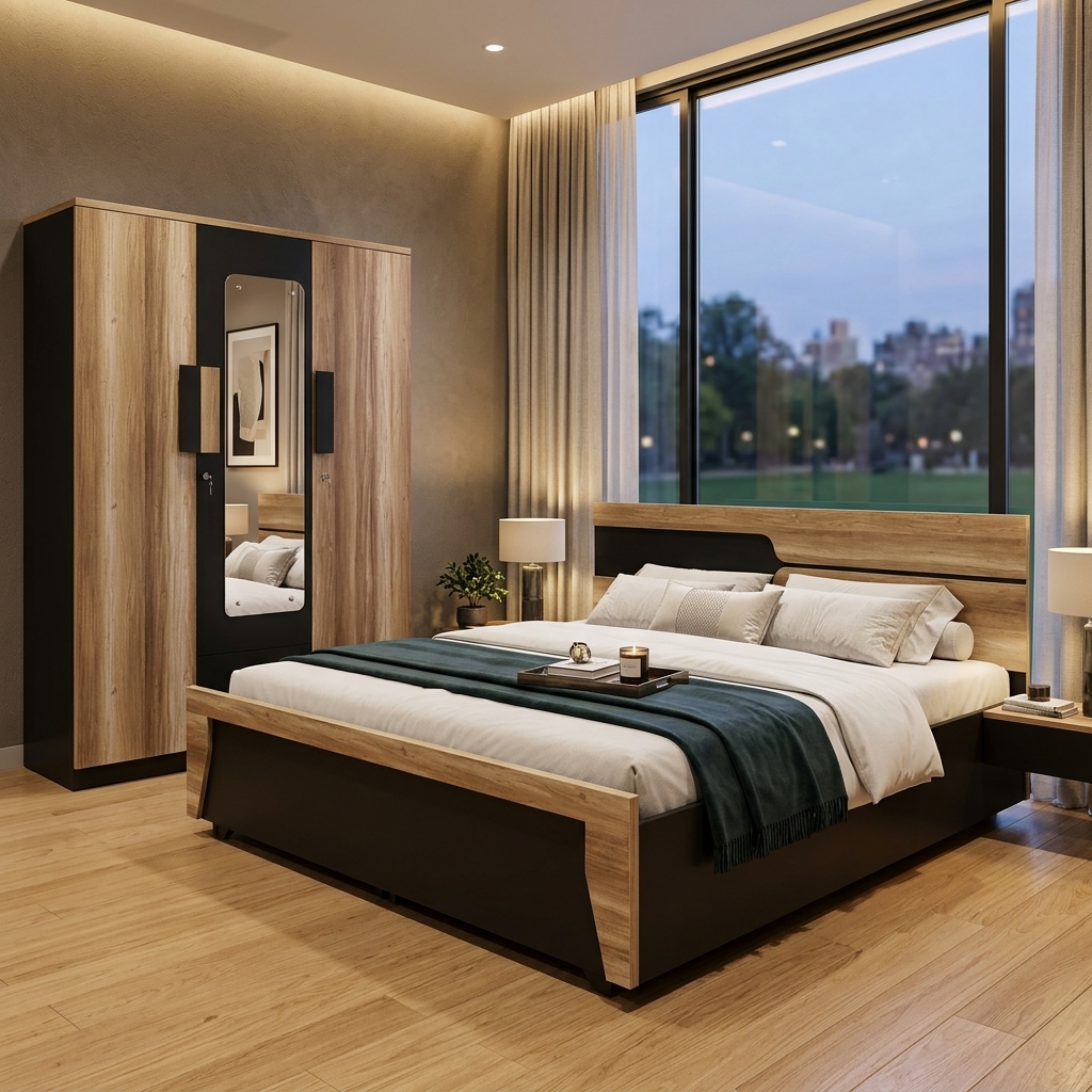 Matte Black & Wood Geometric Bed Combo
