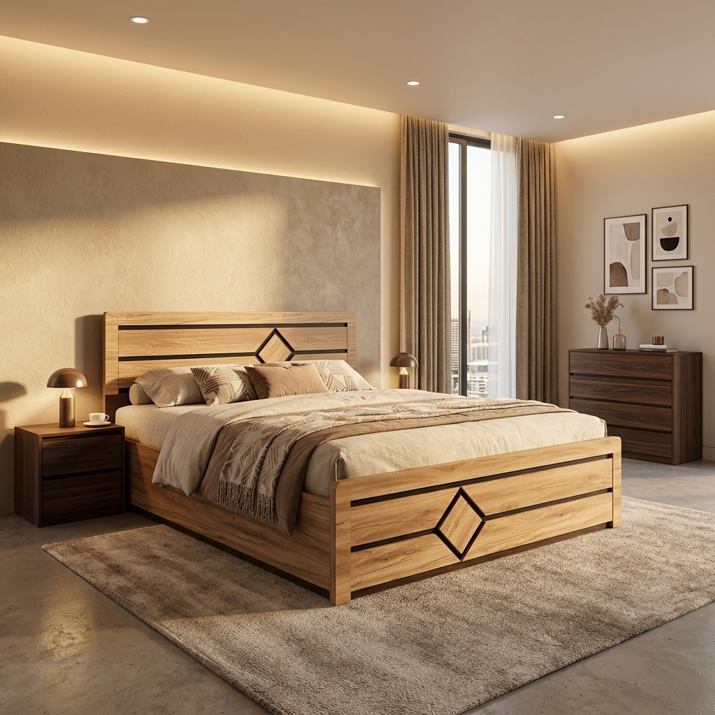 Premium Diamond Motif Wooden Bed