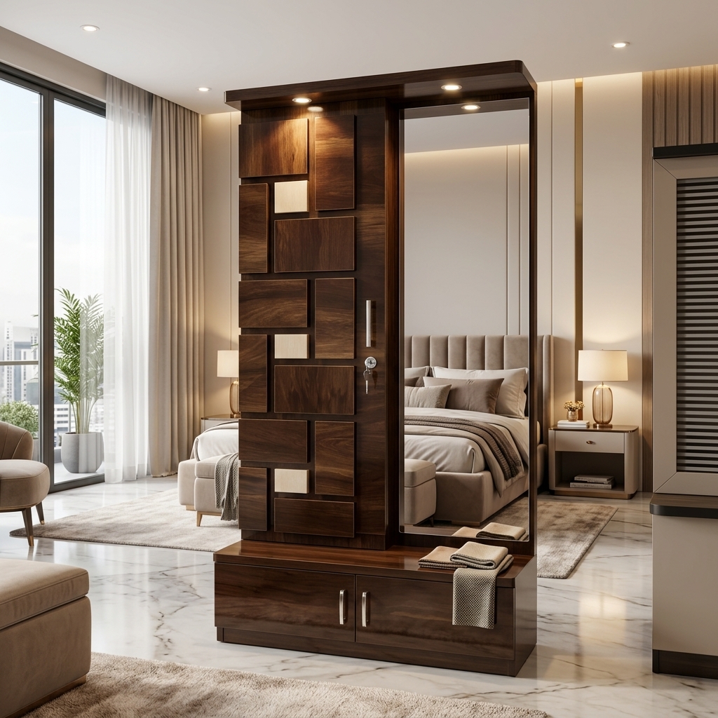 Luxury Block Pattern Dark Wood Wardrobe